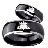 His Hers Claddagh Design Dome Glossy Black 2 Tone Tungsten Personalized Ring Set