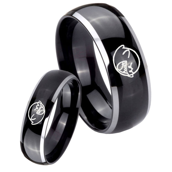 His Hers Mario Boo Ghost Dome Glossy Black 2 Tone Tungsten Wedding Band Mens Set