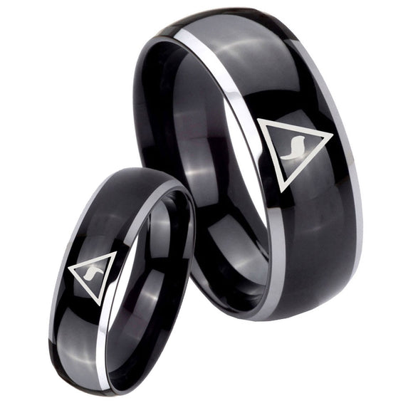 His Hers Masonic Yod Dome Glossy Black 2 Tone Tungsten Wedding Band Ring Set