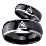 His Hers Masonic Yod Dome Glossy Black 2 Tone Tungsten Wedding Band Ring Set