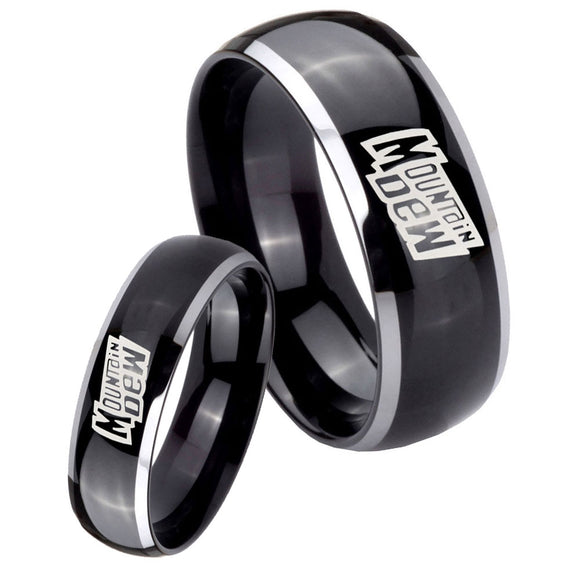 His Hers Mountain Dew Dome Glossy Black 2 Tone Tungsten Men's Wedding Band Set