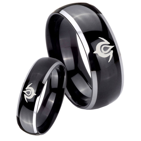 Bride and Groom Naga Dome Glossy Black 2 Tone Tungsten Wedding Bands Ring Set