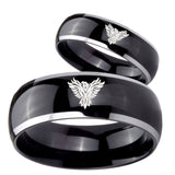 His Hers Phoenix Dome Glossy Black 2 Tone Tungsten Wedding Engagement Ring Set