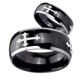 His Hers Christian Cross Religious Dome Glossy Black 2 Tone Tungsten Bands Ring Set
