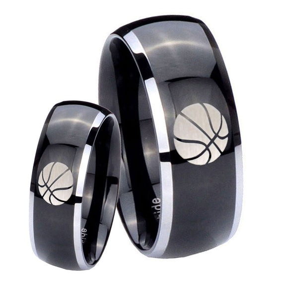 His Hers Basketball Dome Glossy Black 2 Tone Tungsten Wedding Ring Set