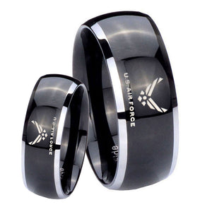 His Hers Glossy Black Dome US Air Force 2 Tone Tungsten Wedding Rings Set