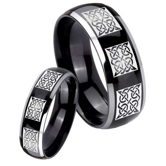 His Hers Multiple Celtic Dome Glossy Black 2 Tone Tungsten Mens Promise Ring Set
