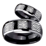 His Hers Multiple Celtic Dome Glossy Black 2 Tone Tungsten Mens Promise Ring Set