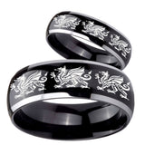 His Hers Multiple Dragon Dome Glossy Black 2 Tone Tungsten Engraving Ring Set