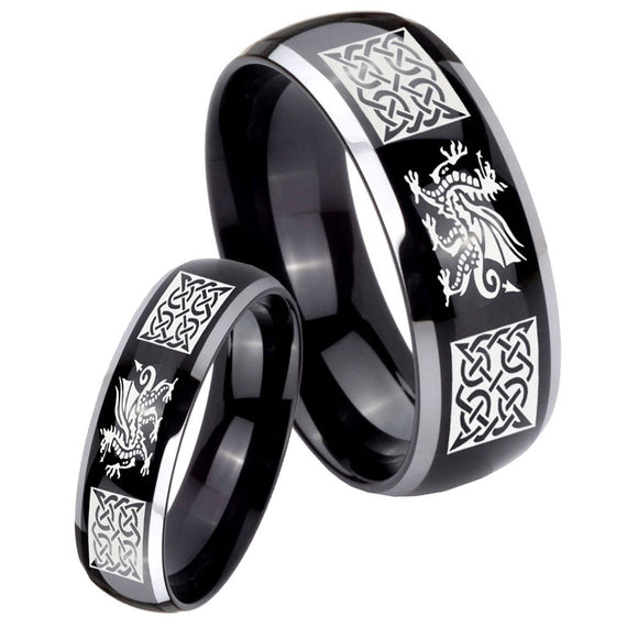 His Hers Multiple Dragon Celtic Dome Glossy Black 2 Tone Tungsten Ring Set