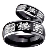 His Hers Multiple Dragon Celtic Dome Glossy Black 2 Tone Tungsten Ring Set