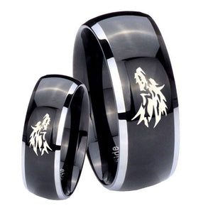 Bride and Groom Wolf Dome Glossy Black 2 Tone Tungsten Mens Wedding Ring Set