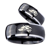 Bride and Groom Wolf Dome Glossy Black 2 Tone Tungsten Mens Wedding Ring Set