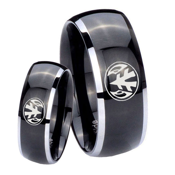 His Hers Love Power Rangers Dome Glossy Black 2 Tone Tungsten Engraving Ring Set