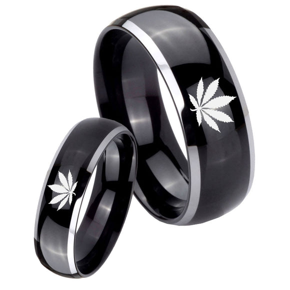 His Hers Marijuana Leaf Dome Glossy Black 2 Tone Tungsten Mens Bands Ring Set