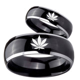 His Hers Marijuana Leaf Dome Glossy Black 2 Tone Tungsten Mens Bands Ring Set