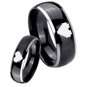 His Hers Glossy Black Dome Zelda Heart 2 Tone Tungsten Wedding Rings Set