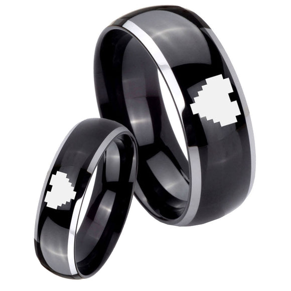 His Hers Glossy Black Dome Zelda Heart 2 Tone Tungsten Wedding Rings Set