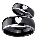 His Hers Glossy Black Dome Zelda Heart 2 Tone Tungsten Wedding Rings Set