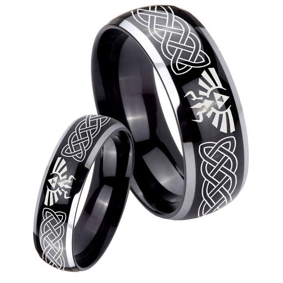 His Hers Celtic Zelda Dome Glossy Black 2 Tone Tungsten Men's Bands Ring Set