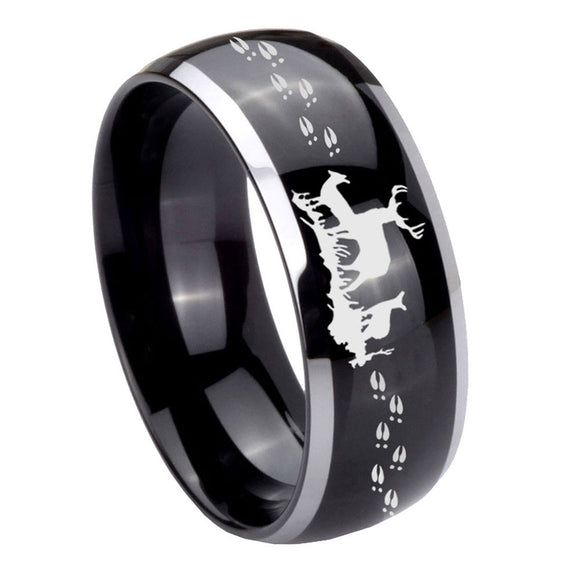 10mm Deer Hunting Dome Glossy Black 2 Tone Tungsten Carbide Engraved Ring