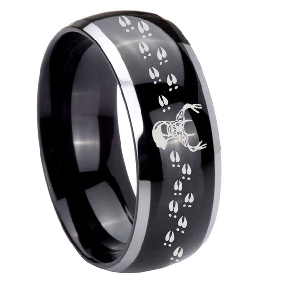 10mm Deer Antler Dome Glossy Black 2 Tone Tungsten Carbide Engraved Ring