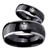 His Hers Skull Marijuana Leaf  Dome Glossy Black 2 Tone Tungsten Mens Band Set