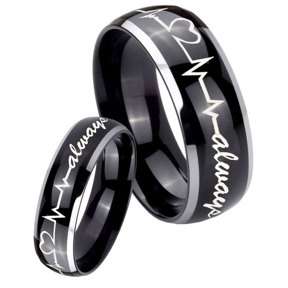 His Hers Heart Beat forever Heart always Dome Glossy Black 2 Tone Tungsten Men's Band Set