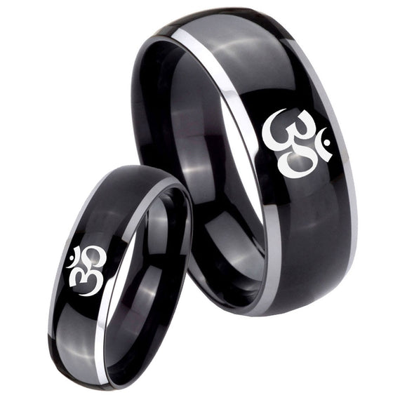 His Hers Om Aum Yoga  Dome Glossy Black 2 Tone Tungsten Mens Engagement Ring Set