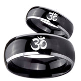 His Hers Om Aum Yoga  Dome Glossy Black 2 Tone Tungsten Mens Engagement Ring Set