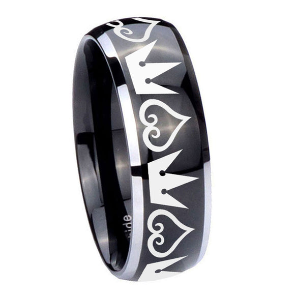 10mm Hearts and Crowns Dome Glossy Black 2 Tone Tungsten Carbide Rings for Men
