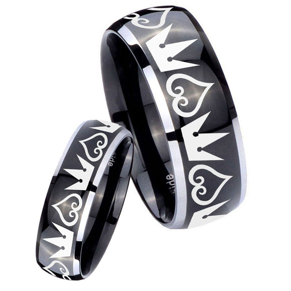 His Hers Hearts and Crowns Dome Glossy Black 2 Tone Tungsten Mens Ring Set