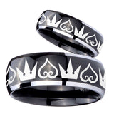 His Hers Hearts and Crowns Dome Glossy Black 2 Tone Tungsten Mens Ring Set