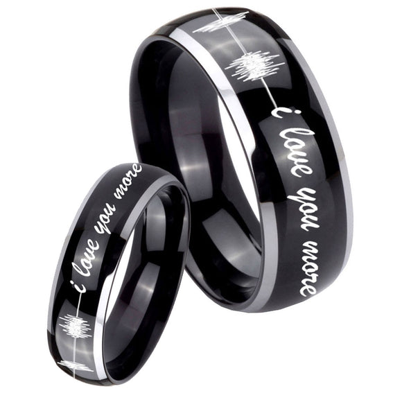 His Hers Sound Wave, I love you more Dome Glossy Black 2 Tone Tungsten Mens Ring Set