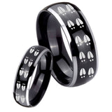 His Hers Deer Tracks Dome Glossy Black 2 Tone Tungsten Engraving Ring Set