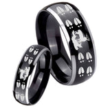 His Hers Deer Hunting Tracks Dome Glossy Black 2 Tone Tungsten Bands Ring Set