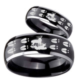 His Hers Deer Hunting Tracks Dome Glossy Black 2 Tone Tungsten Bands Ring Set