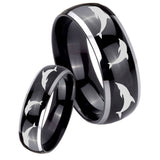 His and Hers Dolphins Dome Glossy Black 2 Tone Tungsten Custom Mens Ring Set