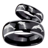 His and Hers Dolphins Dome Glossy Black 2 Tone Tungsten Custom Mens Ring Set