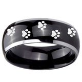 10mm Paw Print Dome Glossy Black 2 Tone Tungsten Carbide Bands Ring