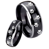 His Hers Paw Print Dome Glossy Black 2 Tone Tungsten Custom Ring for Men Set