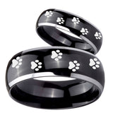 His Hers Paw Print Dome Glossy Black 2 Tone Tungsten Custom Ring for Men Set