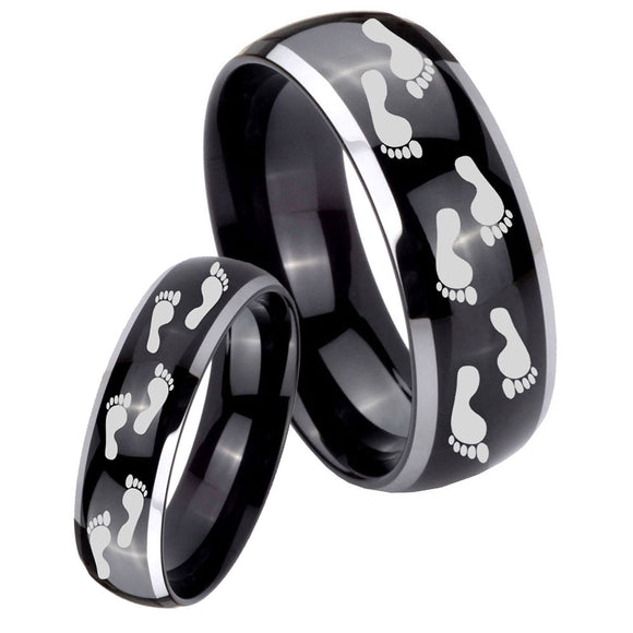 His and Hers Foot Print Dome Glossy Black 2 Tone Tungsten Engraved Ring Set