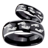 His and Hers Foot Print Dome Glossy Black 2 Tone Tungsten Engraved Ring Set