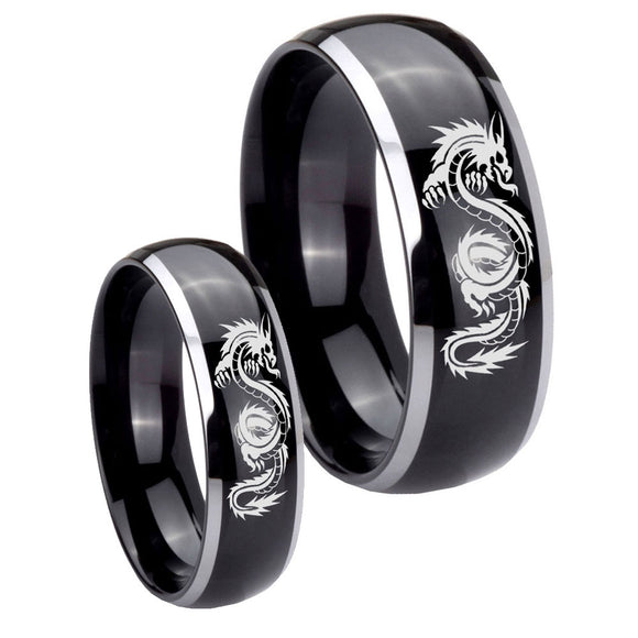 Bride and Groom Dragon Dome Glossy Black 2 Tone Tungsten Men's Bands Ring Set