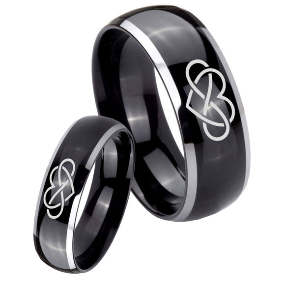 His Hers Infinity Love Dome Glossy Black 2 Tone Tungsten Mens Band Set