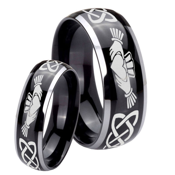 His Hers Irish Claddagh Dome Glossy Black 2 Tone Tungsten Mens Engagement Band Set
