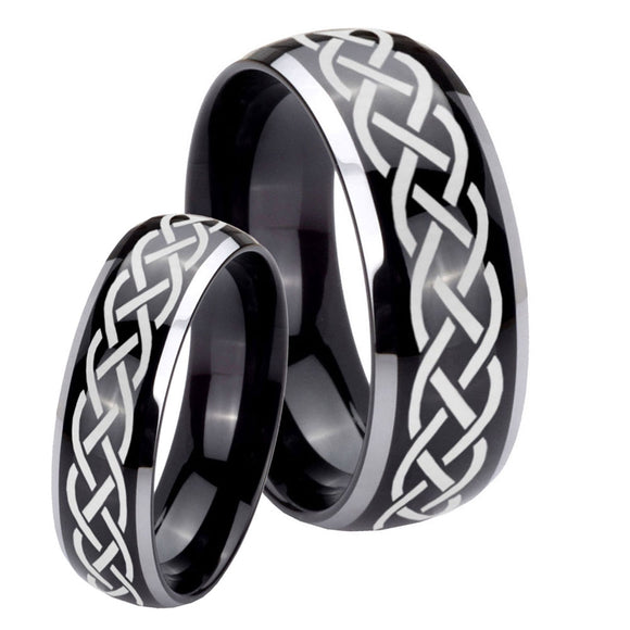His Hers Celtic Knot Dome Glossy Black 2 Tone Tungsten Bands Ring Set