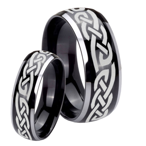 His Hers Celtic Knot Infinity Love Dome Glossy Black 2 Tone Tungsten Bands Ring Set