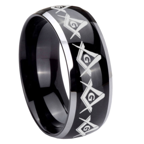 10mm Masonic Square and Compass Dome Glossy Black 2 Tone Tungsten Carbide Engraved Ring